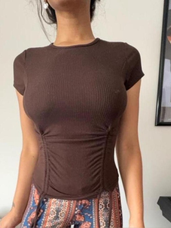 Tops - Stretch Ribbed Short-Sleeve Top - Brown